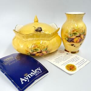 Vtg Aynsley Orchard Gold Sugar Bowl & Mini Vase Bone China England Foil Stickers
